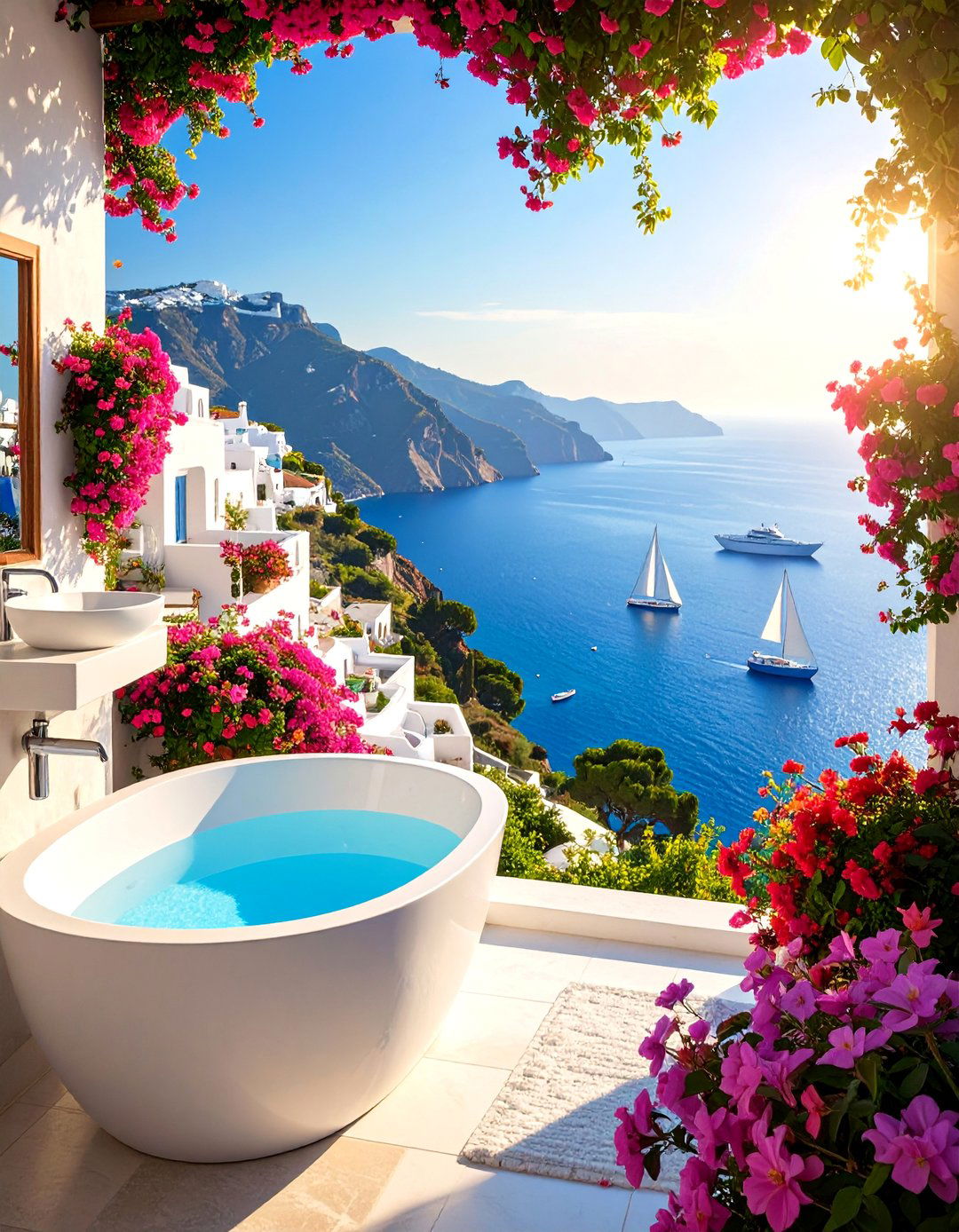 Mediterranean Coastal Village with Azure Waters - 25 Bathroom Mural Ideas