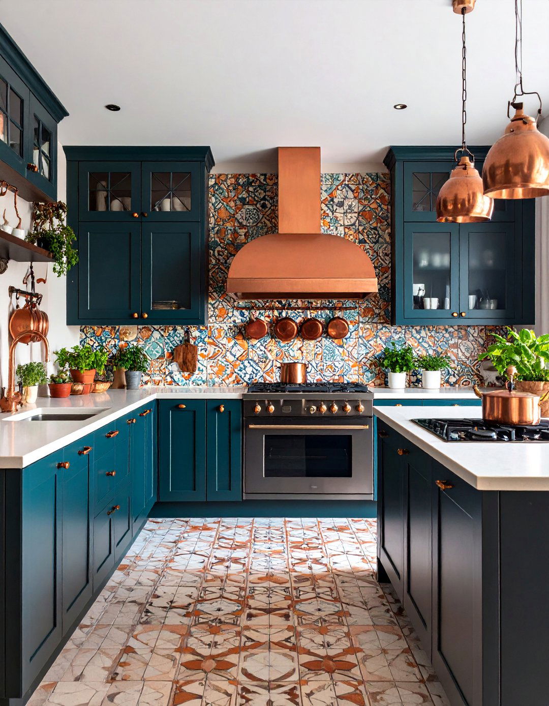 Mediterranean Copper Tile Feature Wall with Black Cabinets - 25 black and copper kitchen ideas