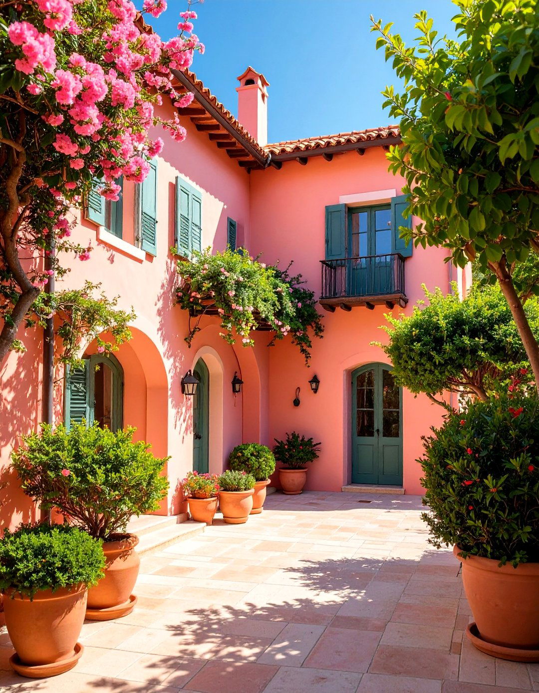 Mediterranean Coral Pink House Exterior with Terracotta Roof - 25 Pink House Exterior Ideas