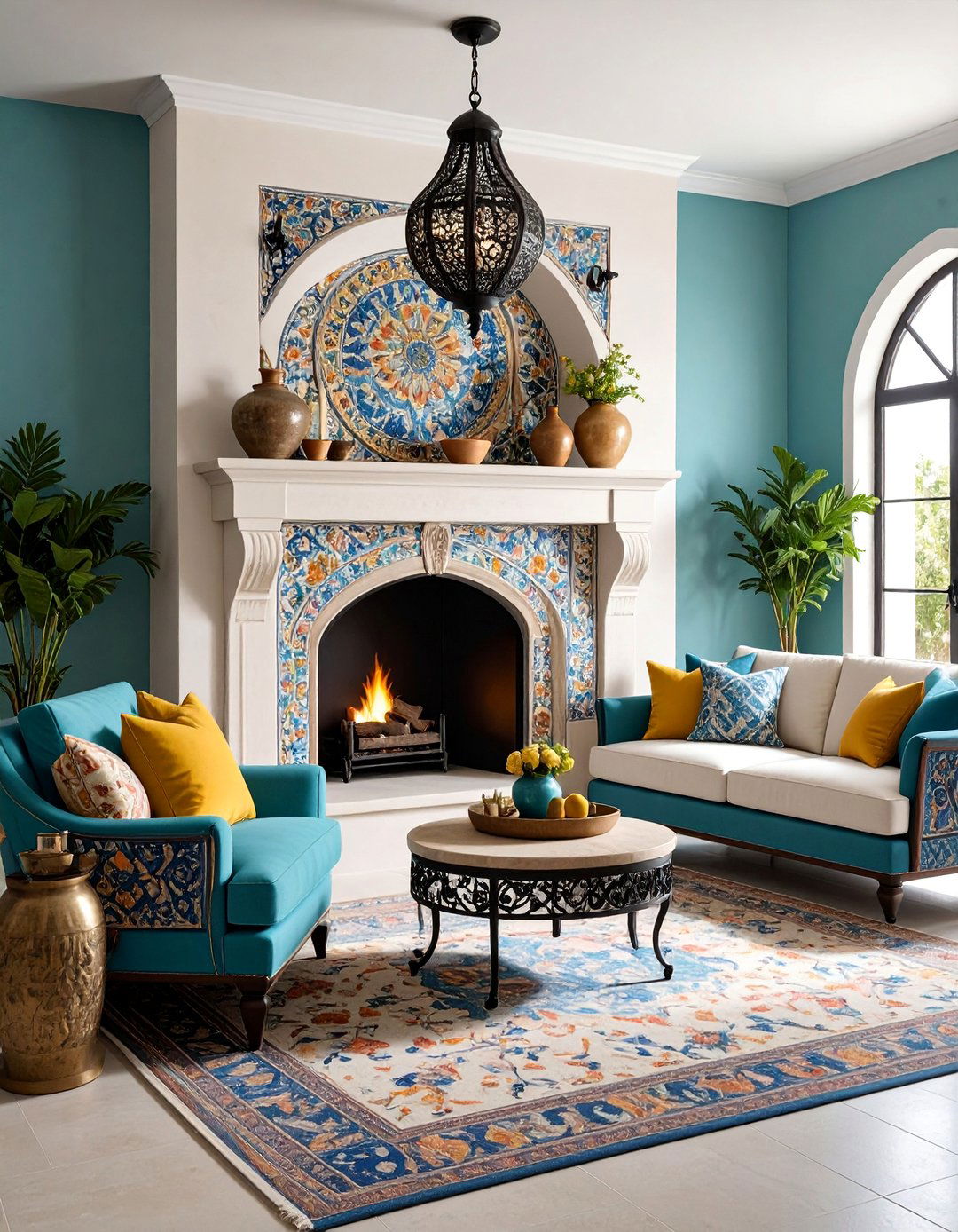 Mediterranean Corner Fireplace with Stucco and Tile - 25 Corner Fireplace Ideas