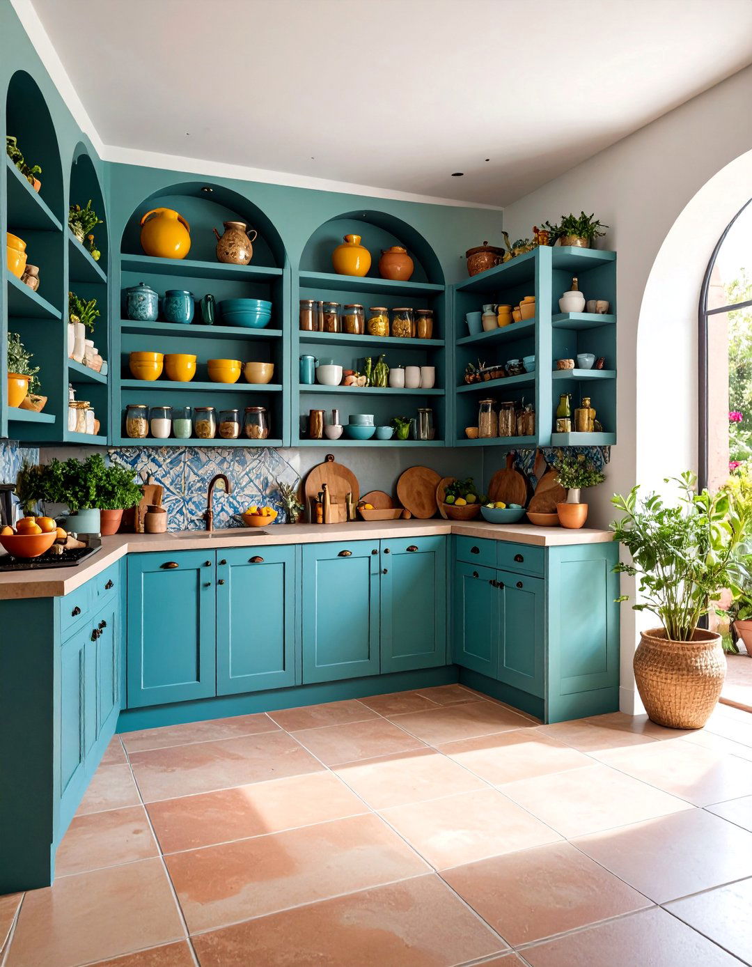 Mediterranean Corner Pantry with Terracotta and Tile - 25 Corner Pantry Ideas