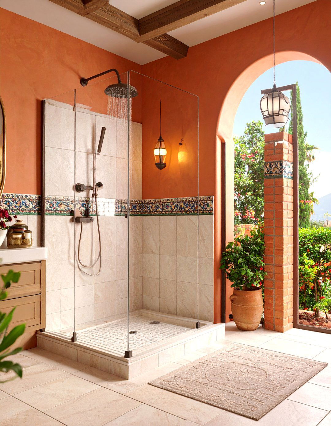 Mediterranean Corner Shower with Terra Cotta and Mosaic Tiles - 25 Corner Shower Ideas