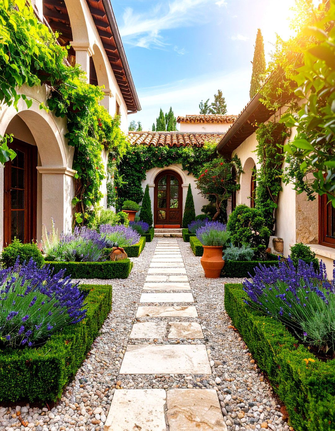 Mediterranean Courtyard Boxwood Design with Drought Tolerant Elements - 25 Front Yard Boxwood Shrubs