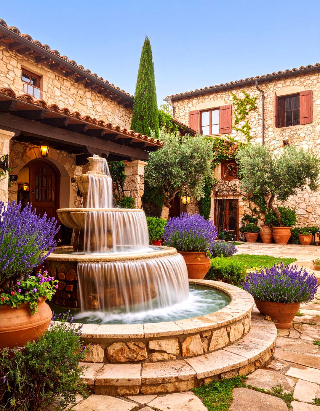 Mediterranean Courtyard Feature - 25 Backyard Waterfall Ideas