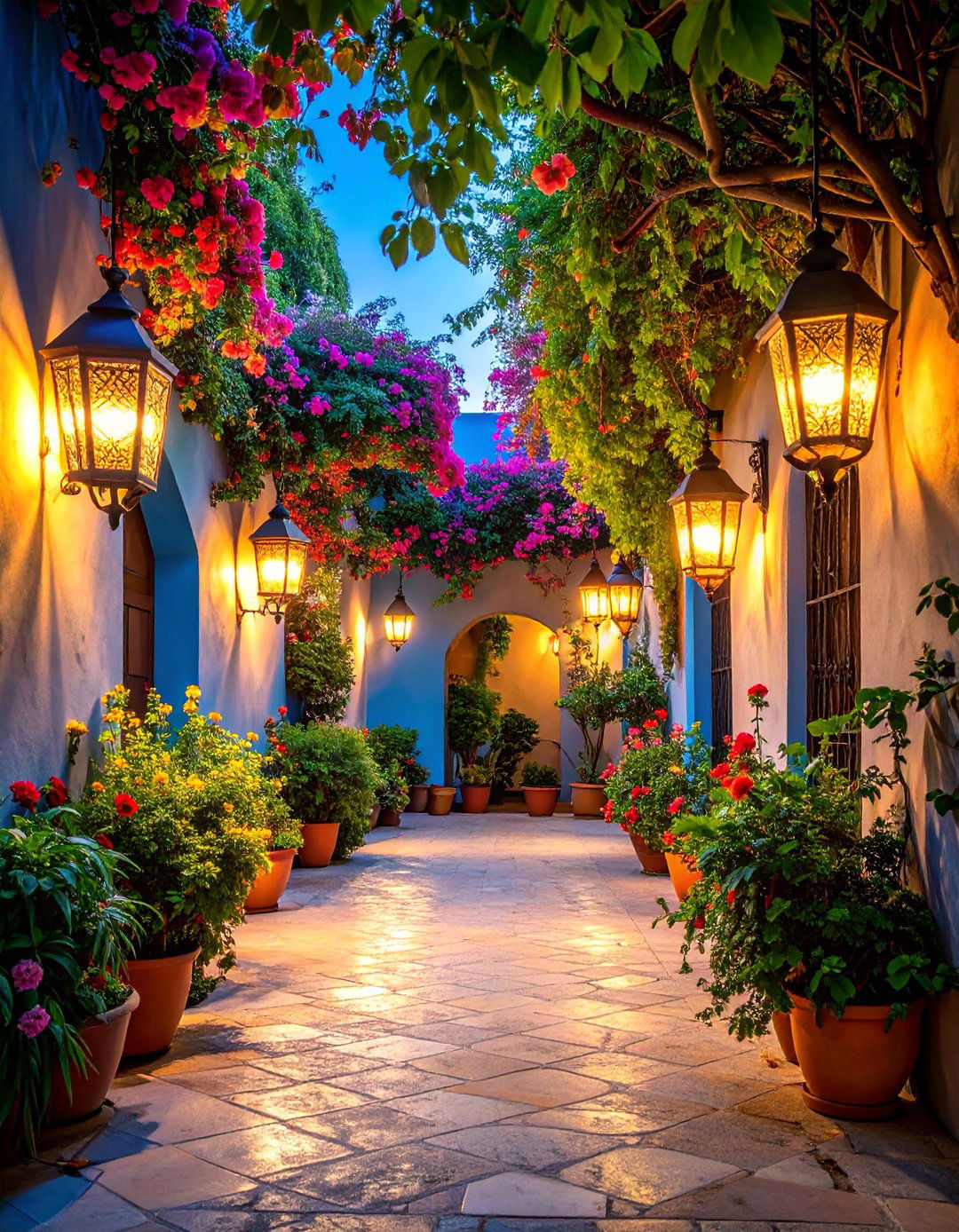 Mediterranean Courtyard with Lantern Style Fixtures - 25 Landscape Lighting Ideas