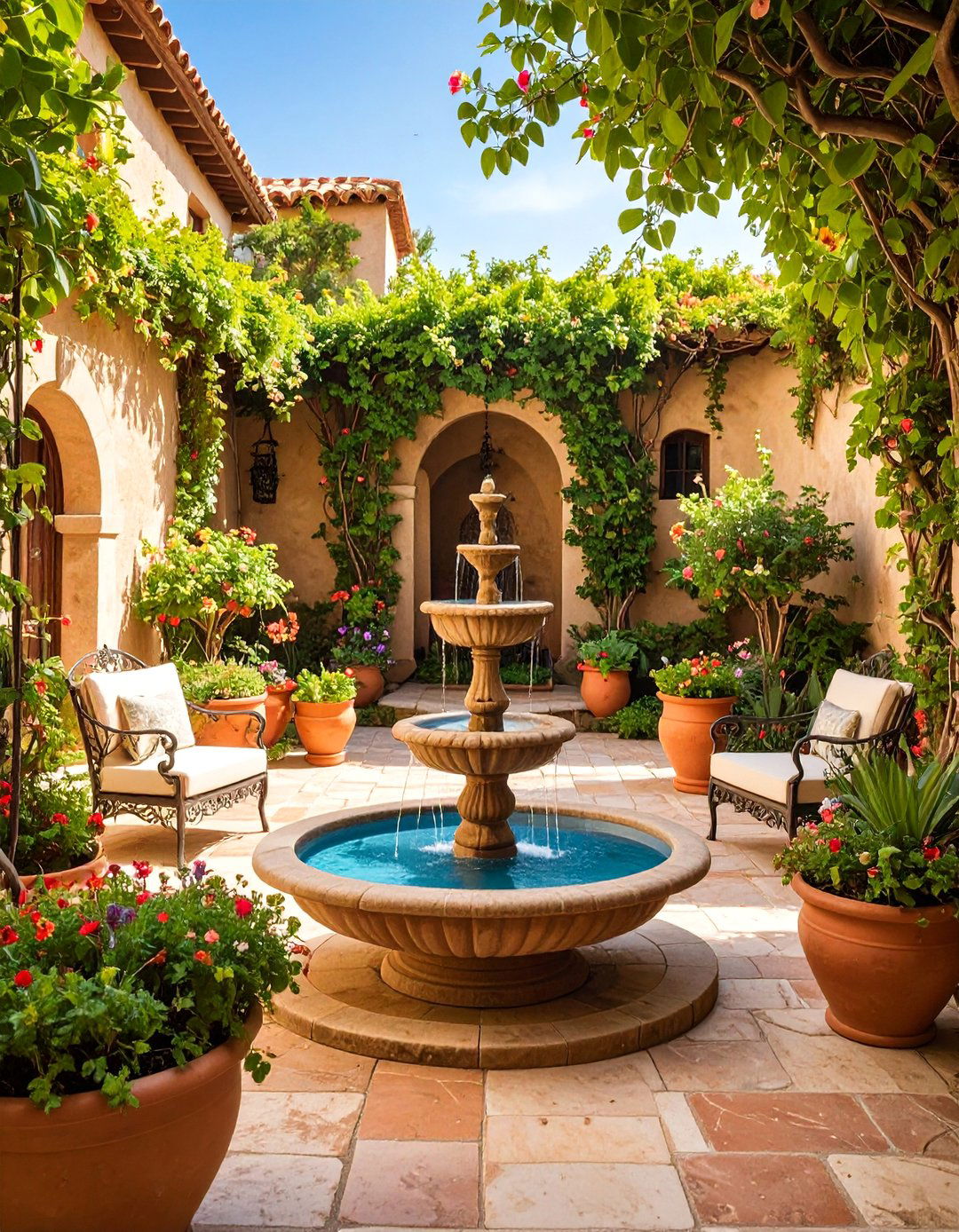 Mediterranean Courtyard with Stone Features - 25 L Shaped Backyard Ideas