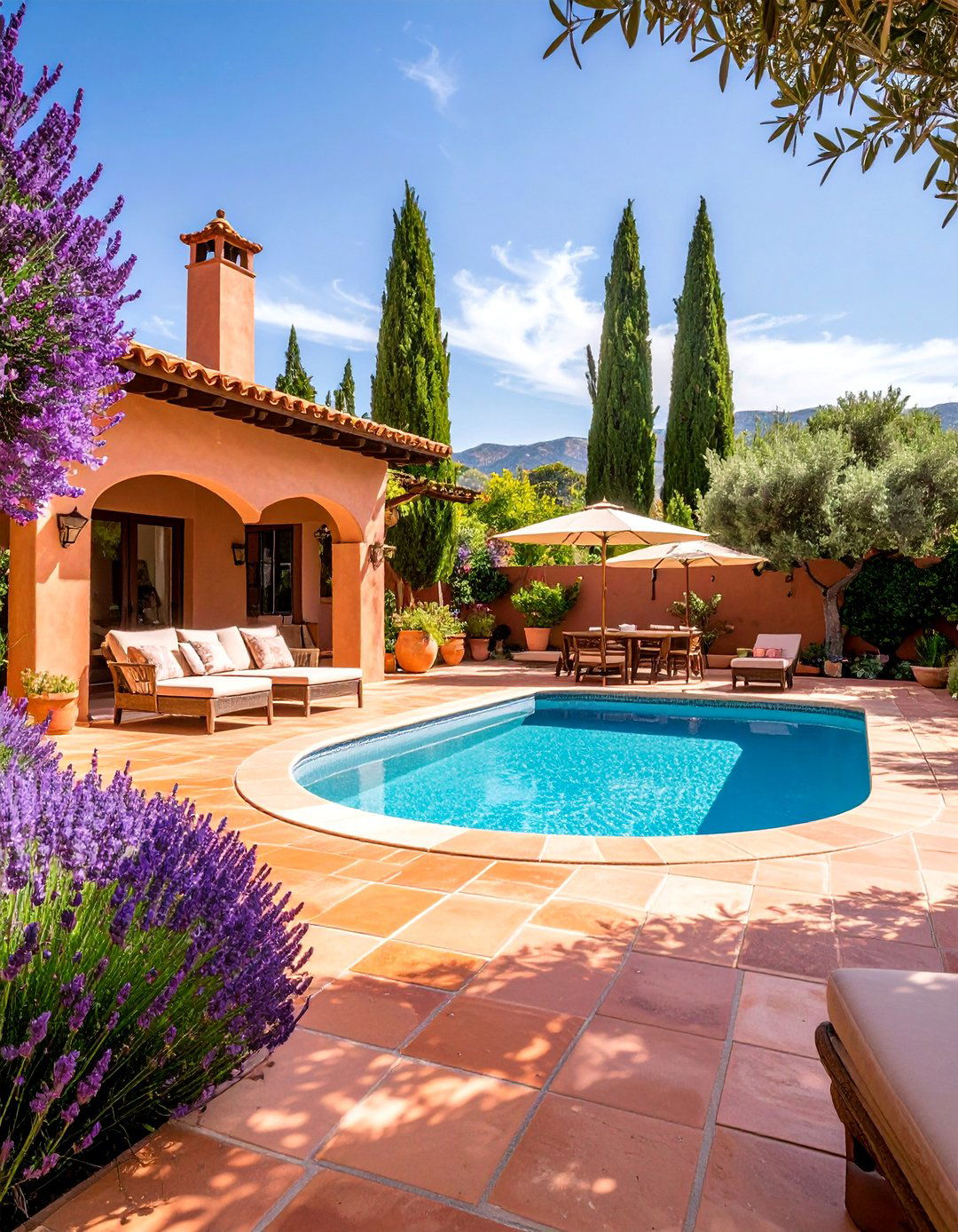 Mediterranean Courtyard with Terracotta and Stone - 25 Pool Landscaping Ideas