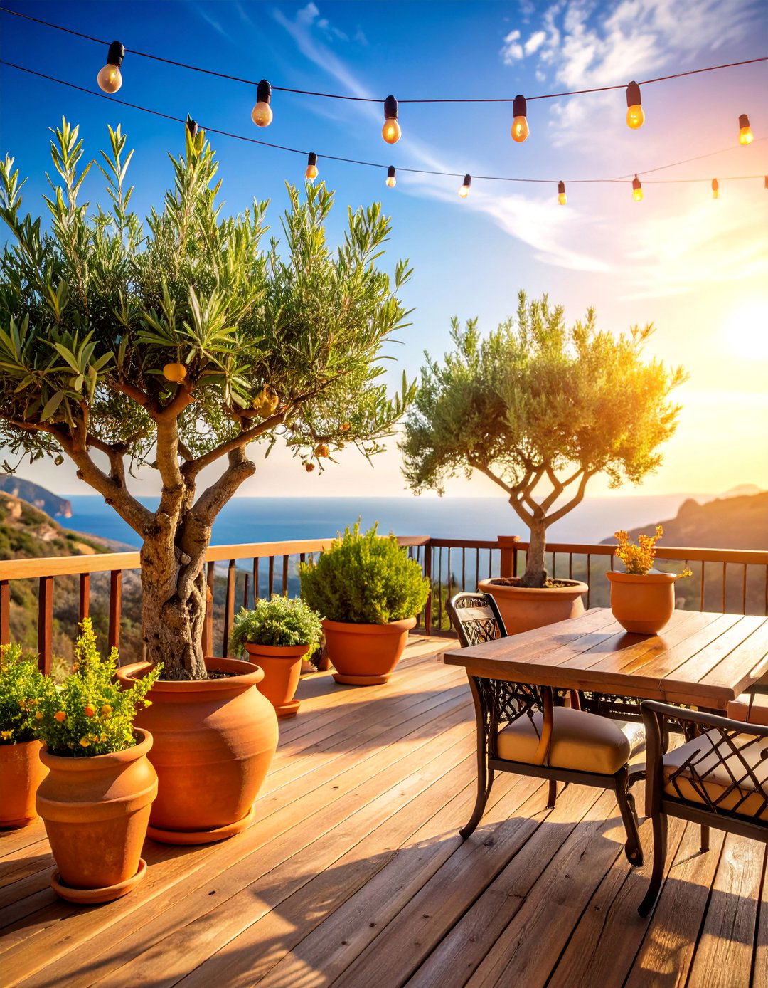 Mediterranean Deck with Olive Trees and Terra Cotta Planters - 25 Deck Decorating Ideas With Plant