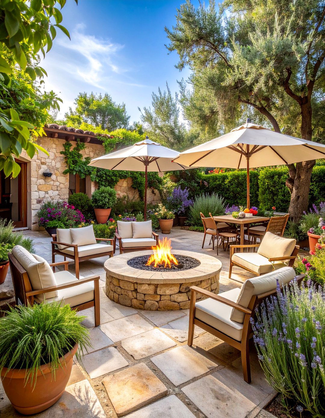 Mediterranean Fire Pit with Herb Garden Surrounds - 25 Backyard Fire Pit Ideas Landscaping