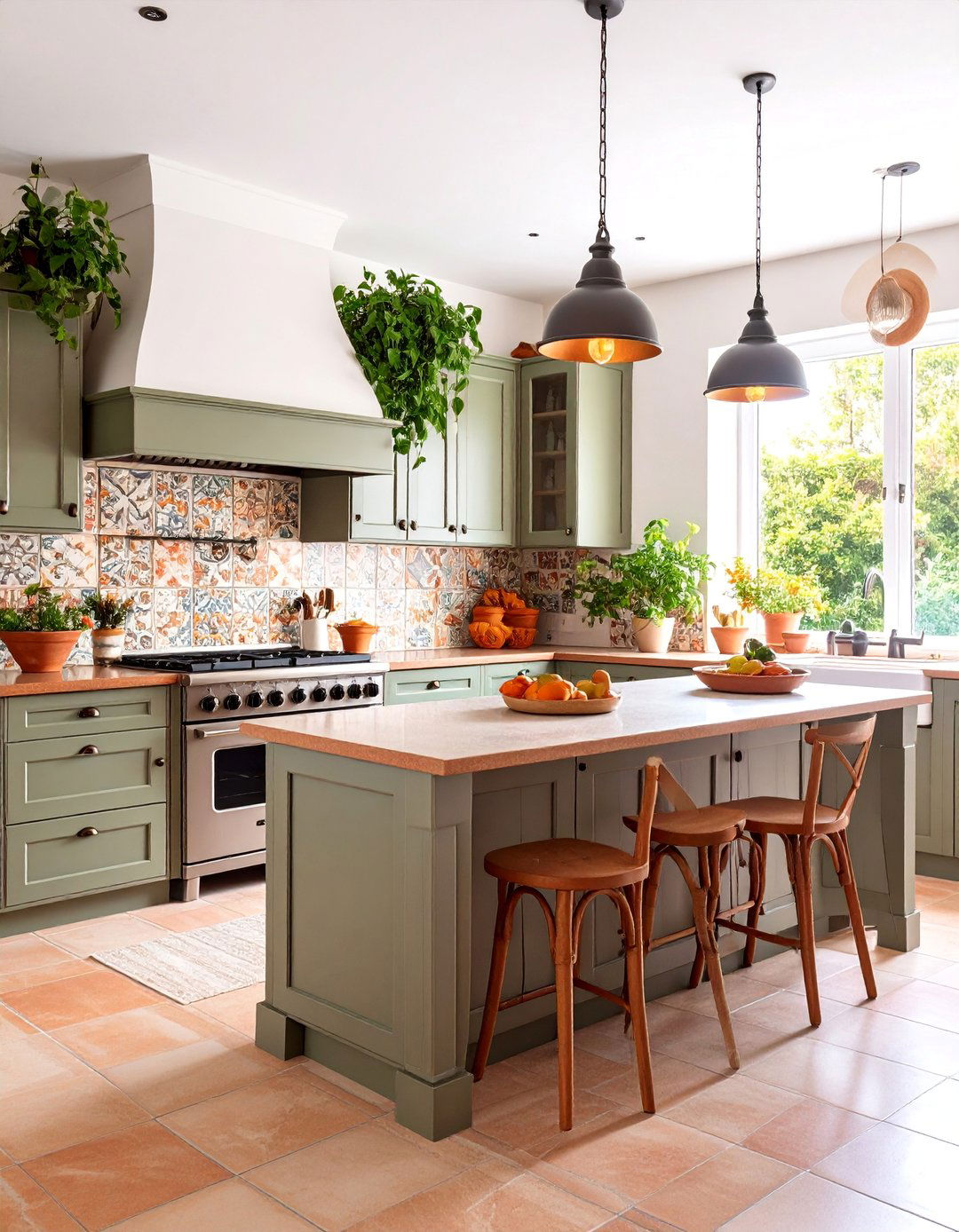 Mediterranean Green Kitchen with Brown Terra Cotta Elements - 25 Green and Brown Kitchen Ideas
