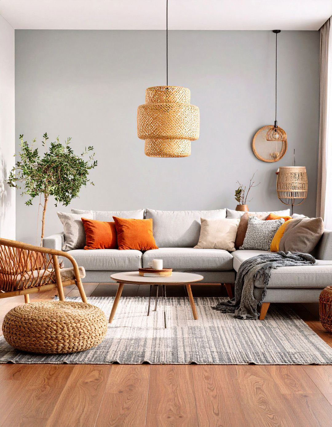 Mediterranean Grey Living Room with Warm Textural Elements - 25 Grey Living Room With Dark Wood Floors
