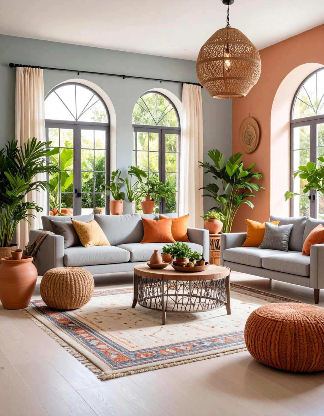 Mediterranean Grey Sofa Space with Terracotta and Natural Elements - 25 Grey Couch Living Room Ideas