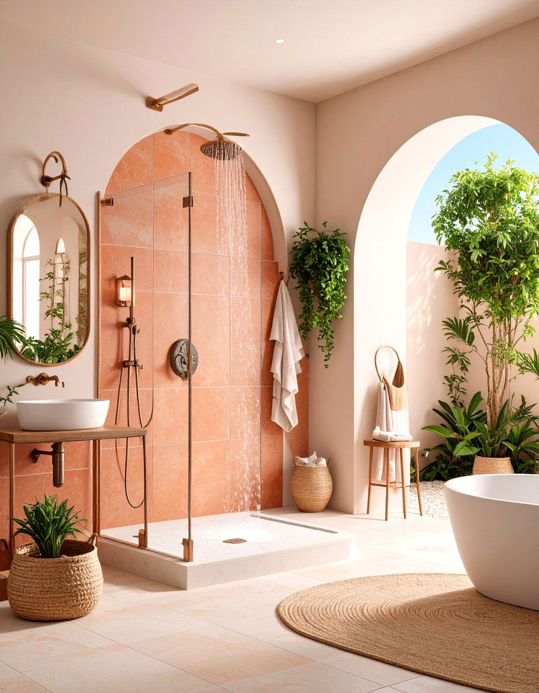 Mediterranean Half Wall Shower with Arched Details - 25 Half-wall Shower Ideas