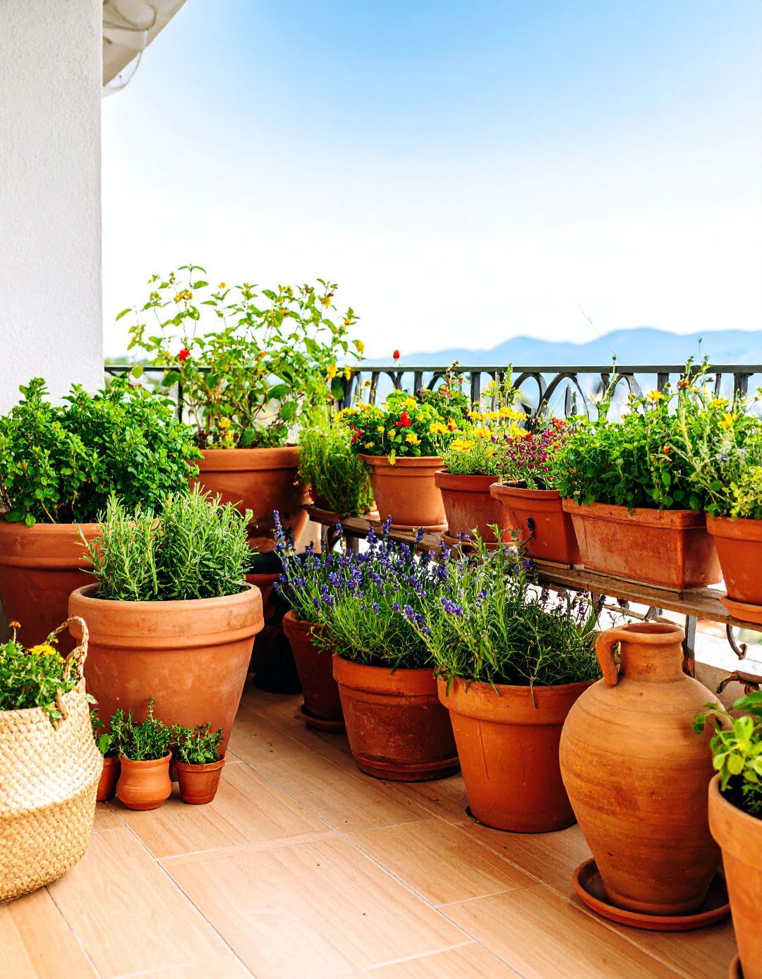 Mediterranean Herb Garden Balcony with Terra Cotta Collection - 25 French Balcony Ideas