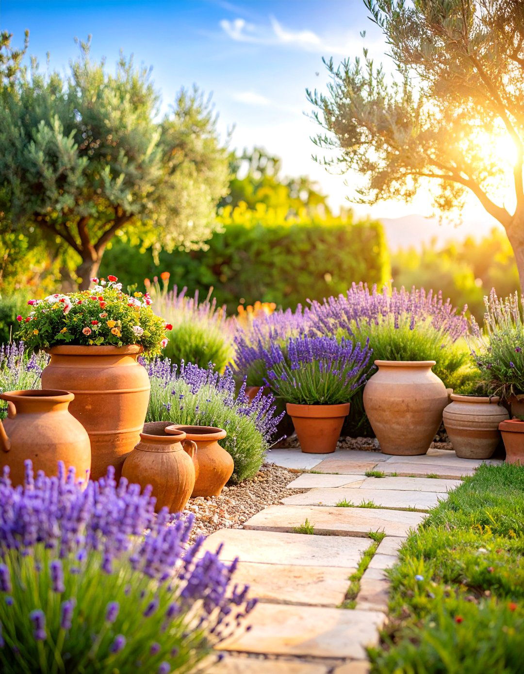 Mediterranean Inspired Patio with Warm Stone and Drought Tolerant Plants - 25 Patio Garden Ideas