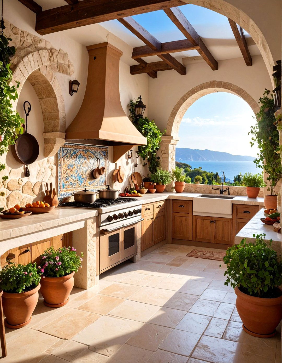 Mediterranean Inspired Summer Kitchen with Stone Arches - 25 Summer Kitchen Ideas