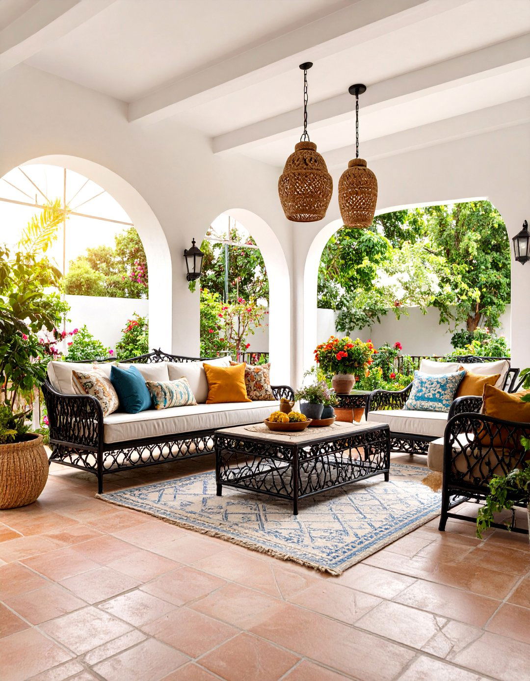 Mediterranean Inspired Sunroom with Terra Cotta Brick - 25 Brick Floor Sunroom Ideas
