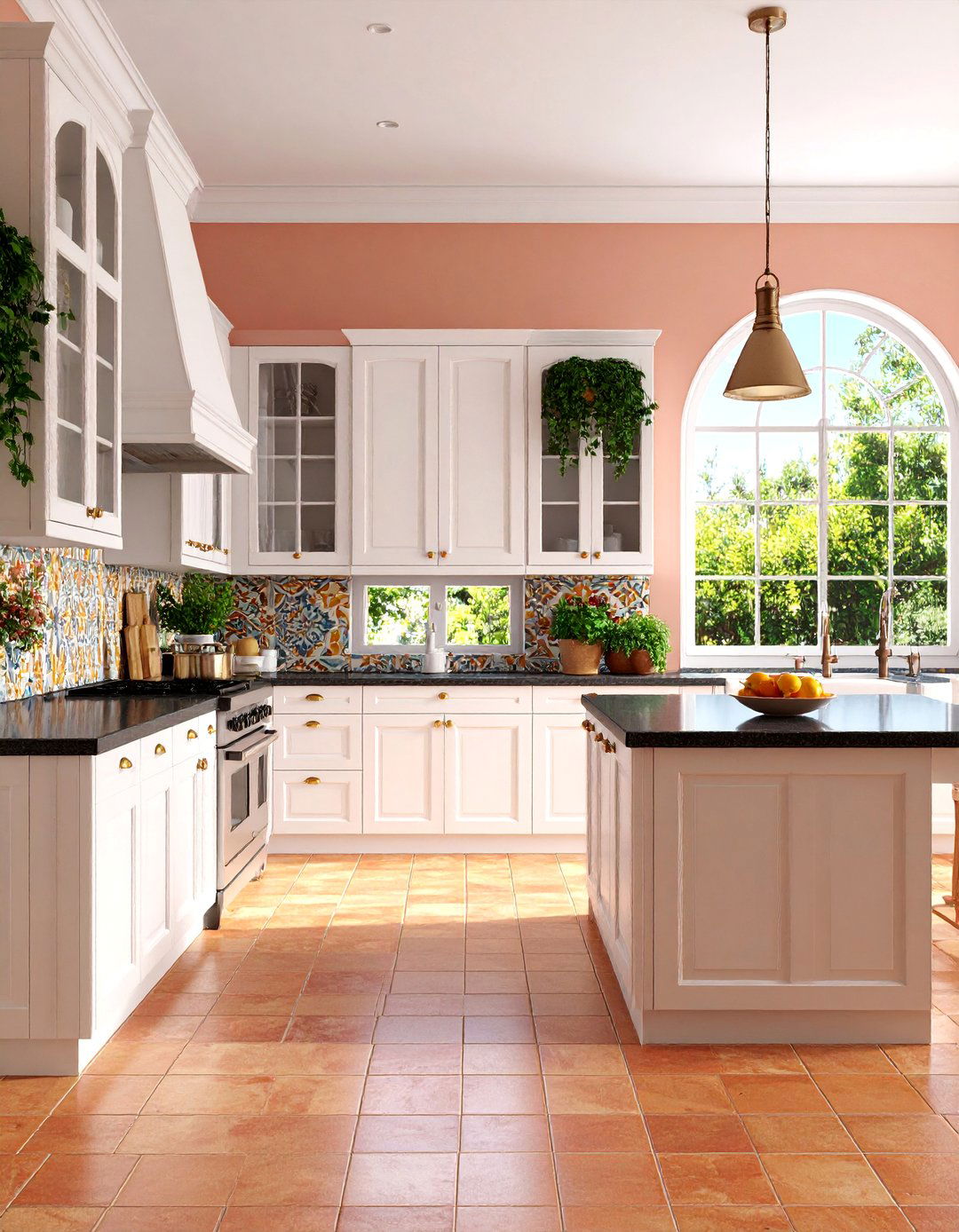 Mediterranean Kitchen with Arched Cabinets and Black Granite - 25 Kitchen With White Cabinets and Black Countertops Ideas
