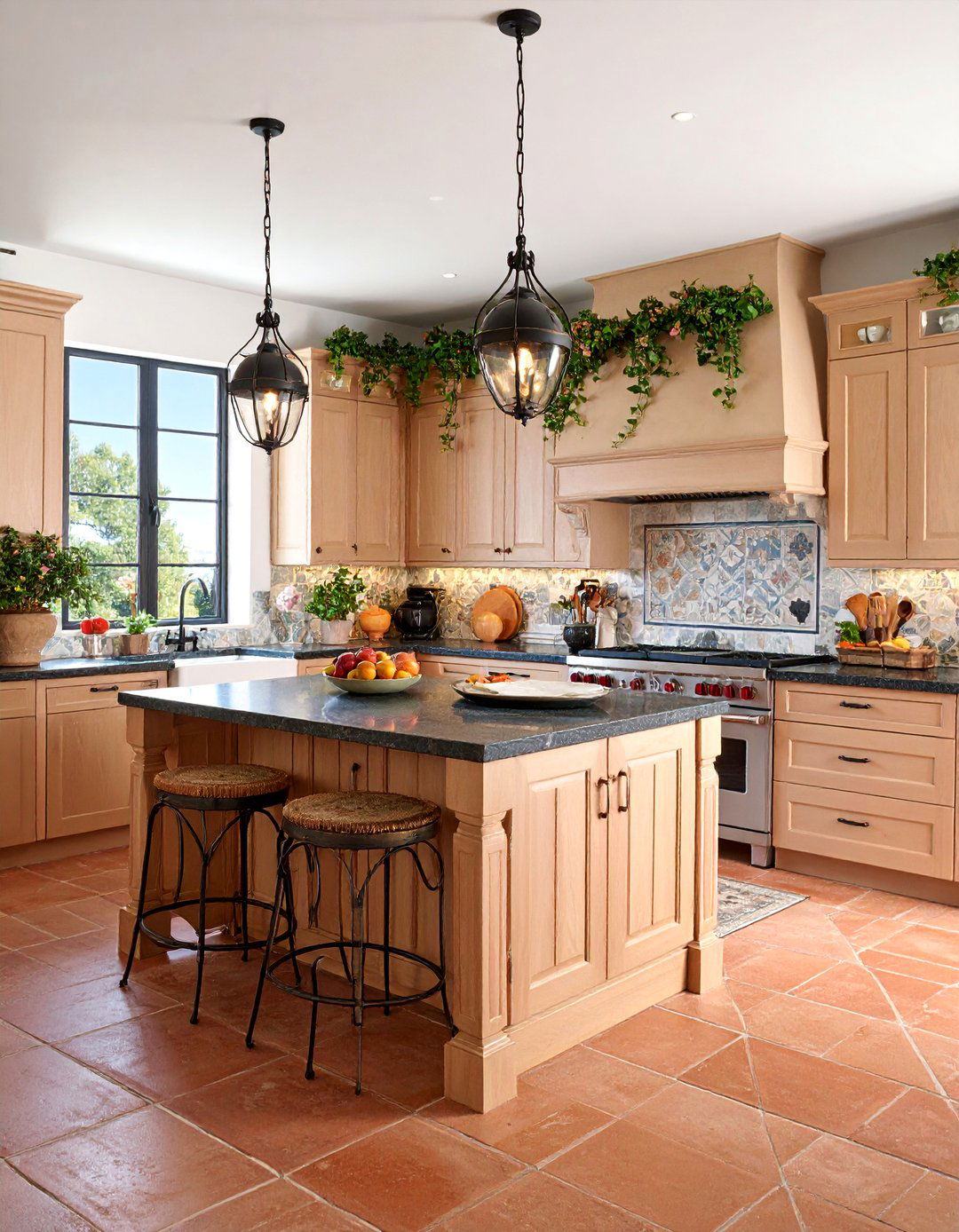 Mediterranean Kitchen with Dark Travertine and Ivory Cabinets - 25 kitchen with dark countertops and light cabinets