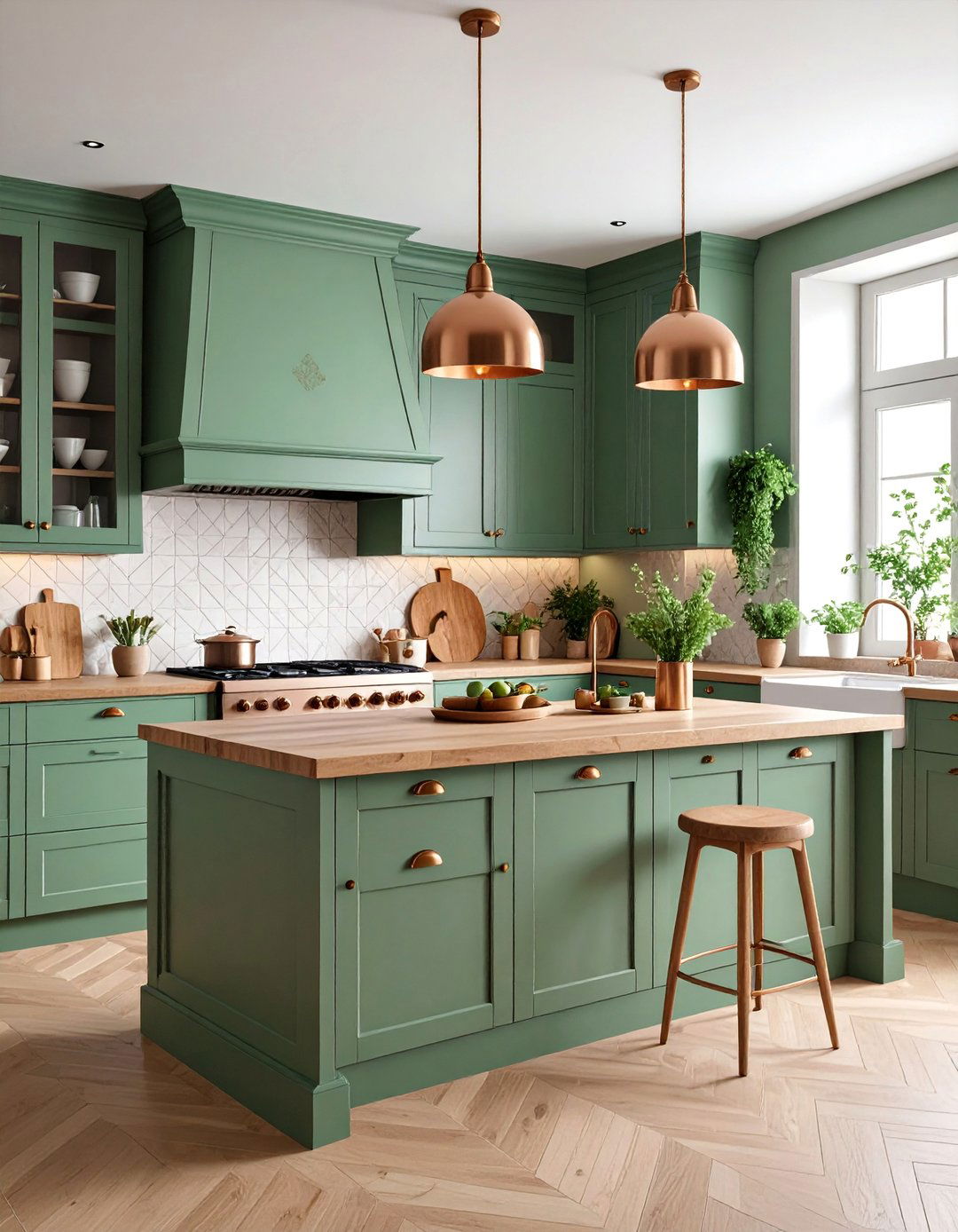 Mediterranean Kitchen with Olive Green Painted Cabinets - 25 Olive Green Accent Wall Ideas