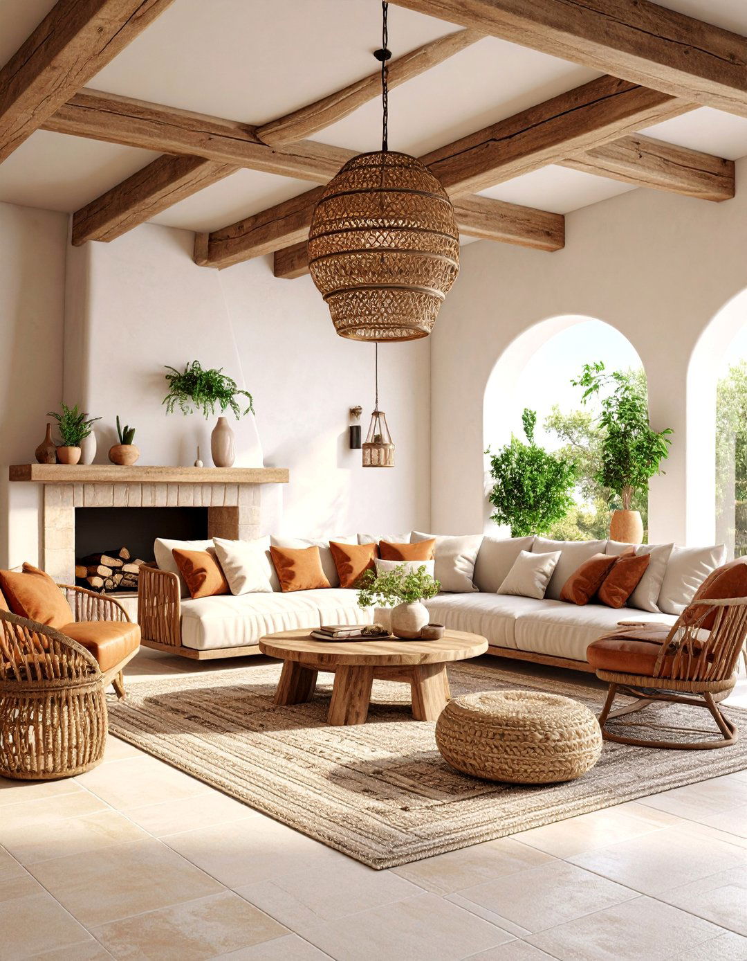 Mediterranean Living Room with Terra Cotta and Beam Combinations - 25 Exposed Beam Living Room Ideas