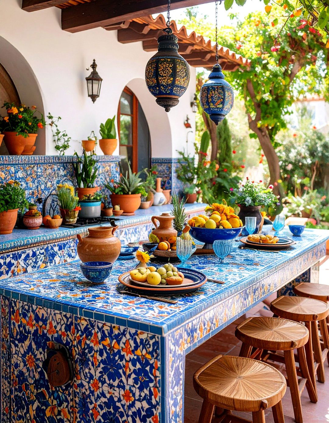 Mediterranean Mosaic Tile Counter - 25 Outdoor Countertop Ideas