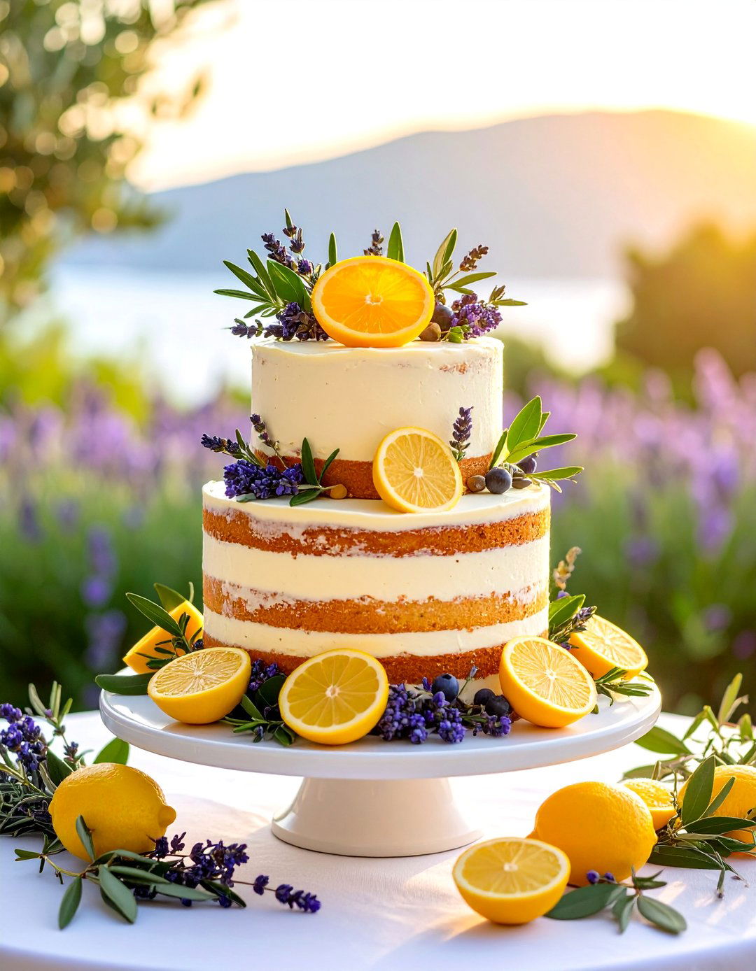 Mediterranean Naked Cake with Herb and Citrus Elements - 25 Naked and Semi-naked Wedding Cake Ideas