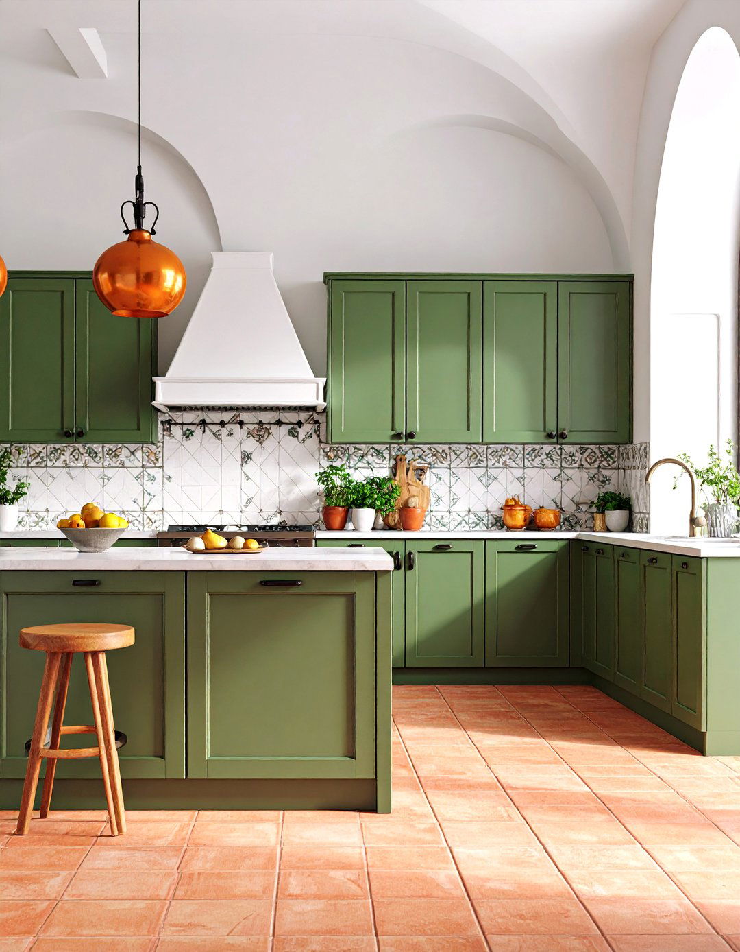 Mediterranean Olive Green Kitchen with Terracotta Tile Flooring - 25 Olive Green Kitchens