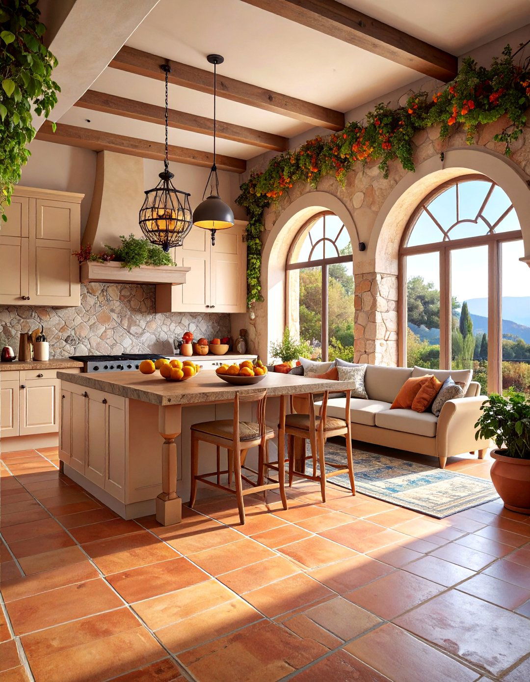 Mediterranean Open Layout with Terracotta and Stone - 25 Open Floor Plan Ideas