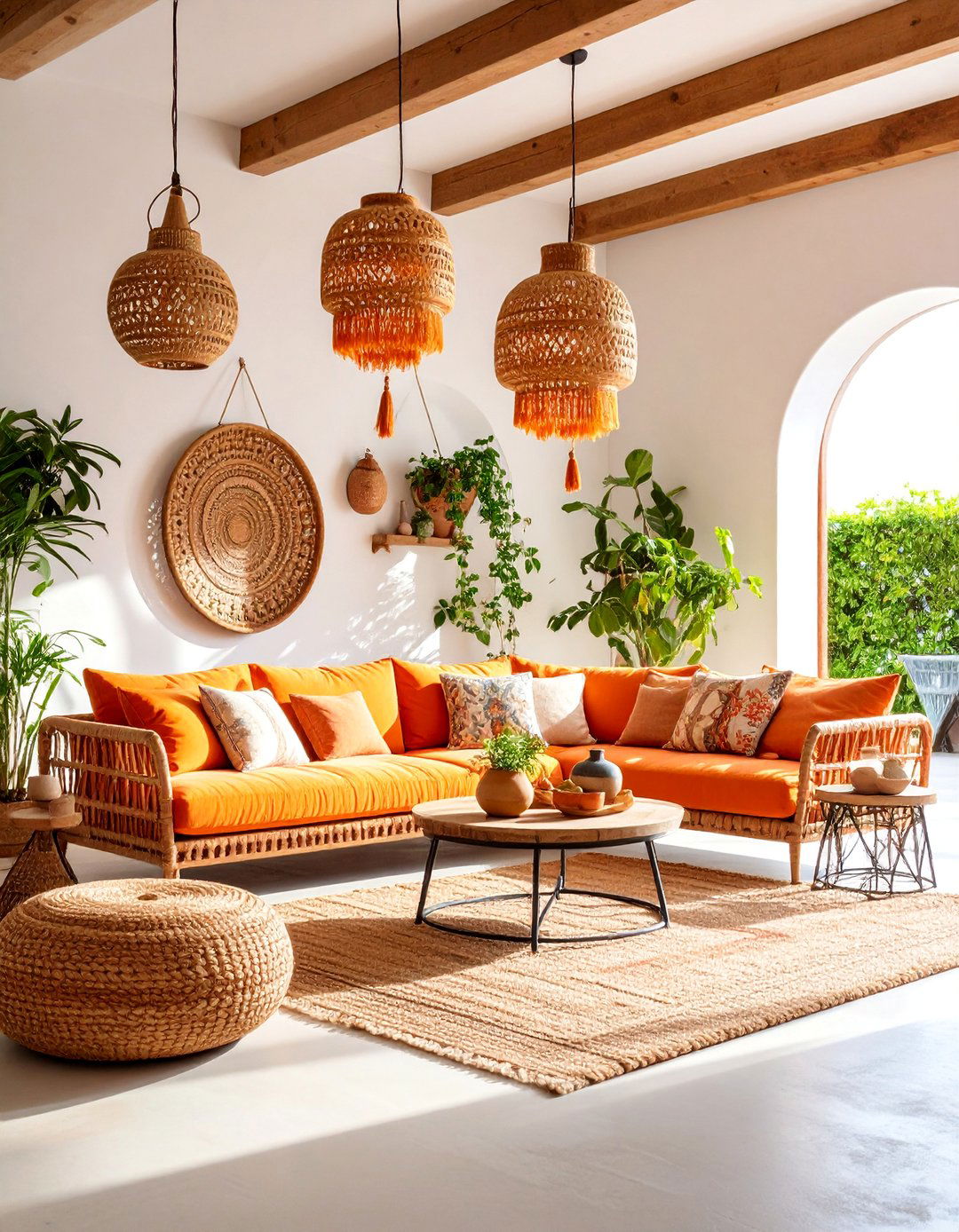Mediterranean Orange Couch Living Room with Terracotta Accents - 25 Orange Couch Living Room Ideas