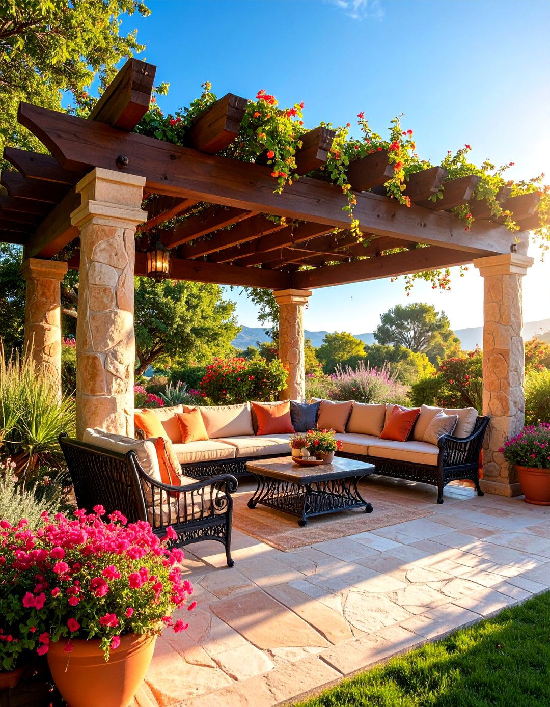 Mediterranean Pergola with Stone Accents - 25 Small Patio Pergola Ideas