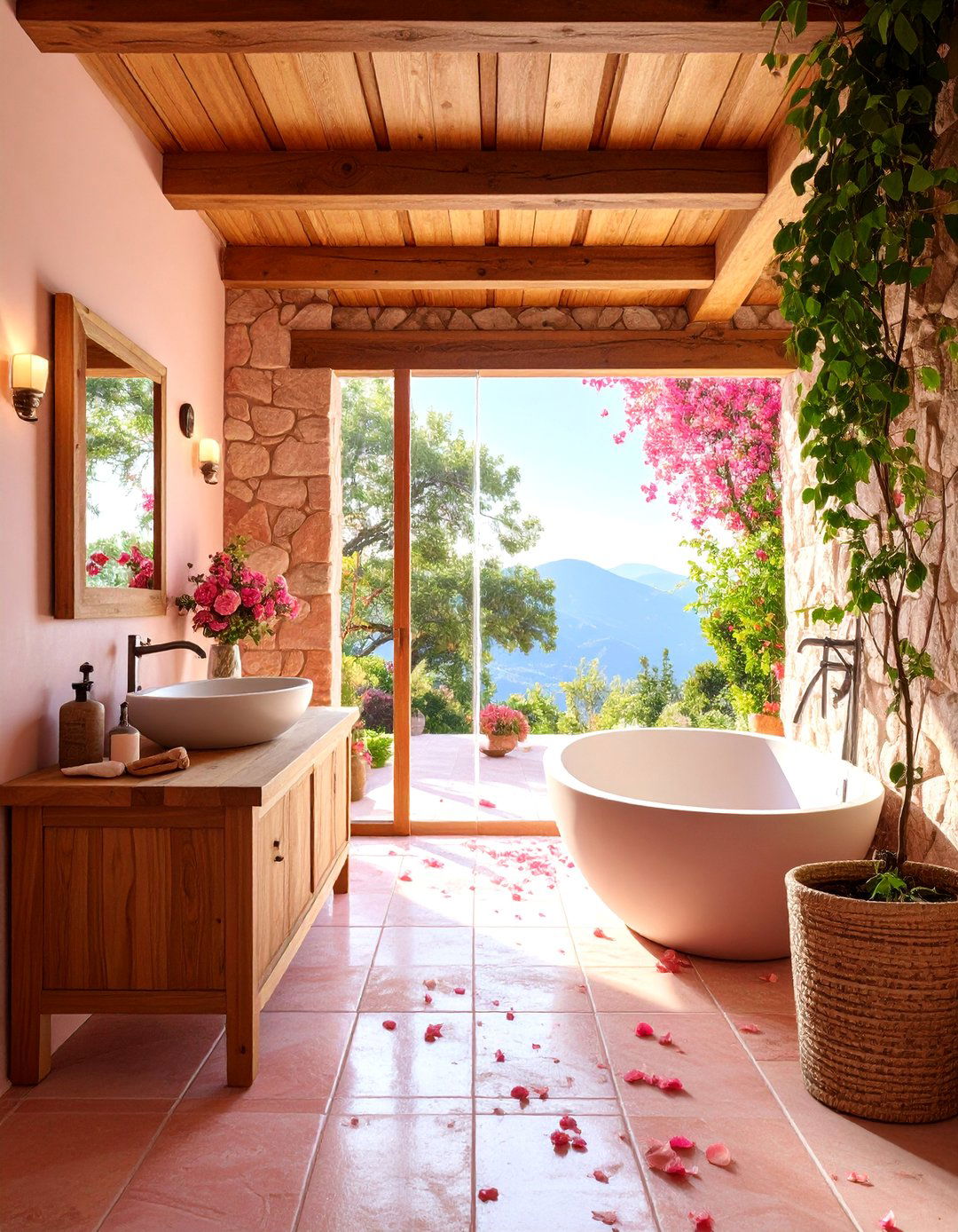 Mediterranean Pink Stone Bathroom - 25 Pink Tile Bathroom Ideas