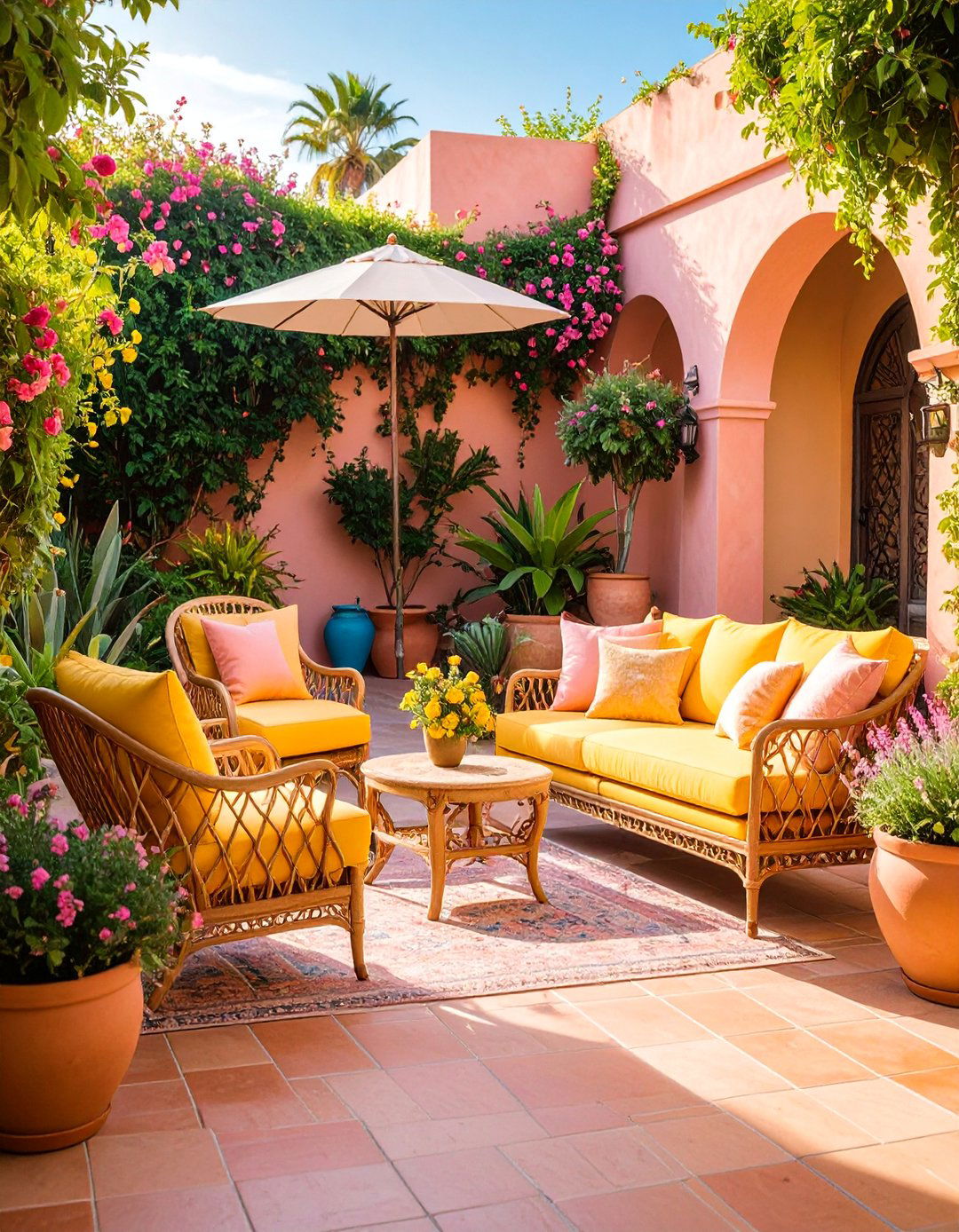Mediterranean Pink and Yellow Patio with Terracotta Accents - 25 How to Decorate With Yellow and Pink