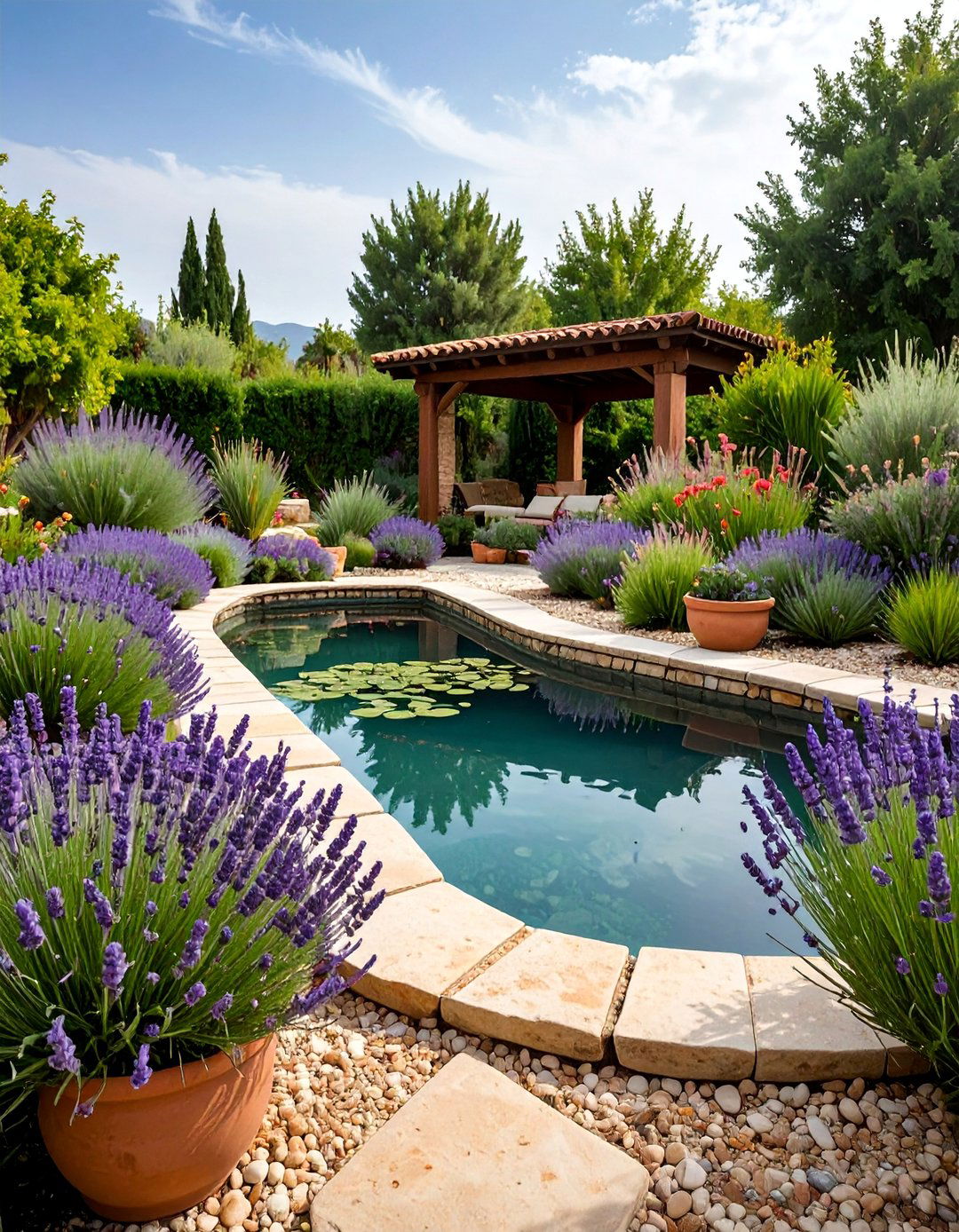 Mediterranean Pond with Drought Tolerant Surroundings - 25 Pond Landscaping Ideas