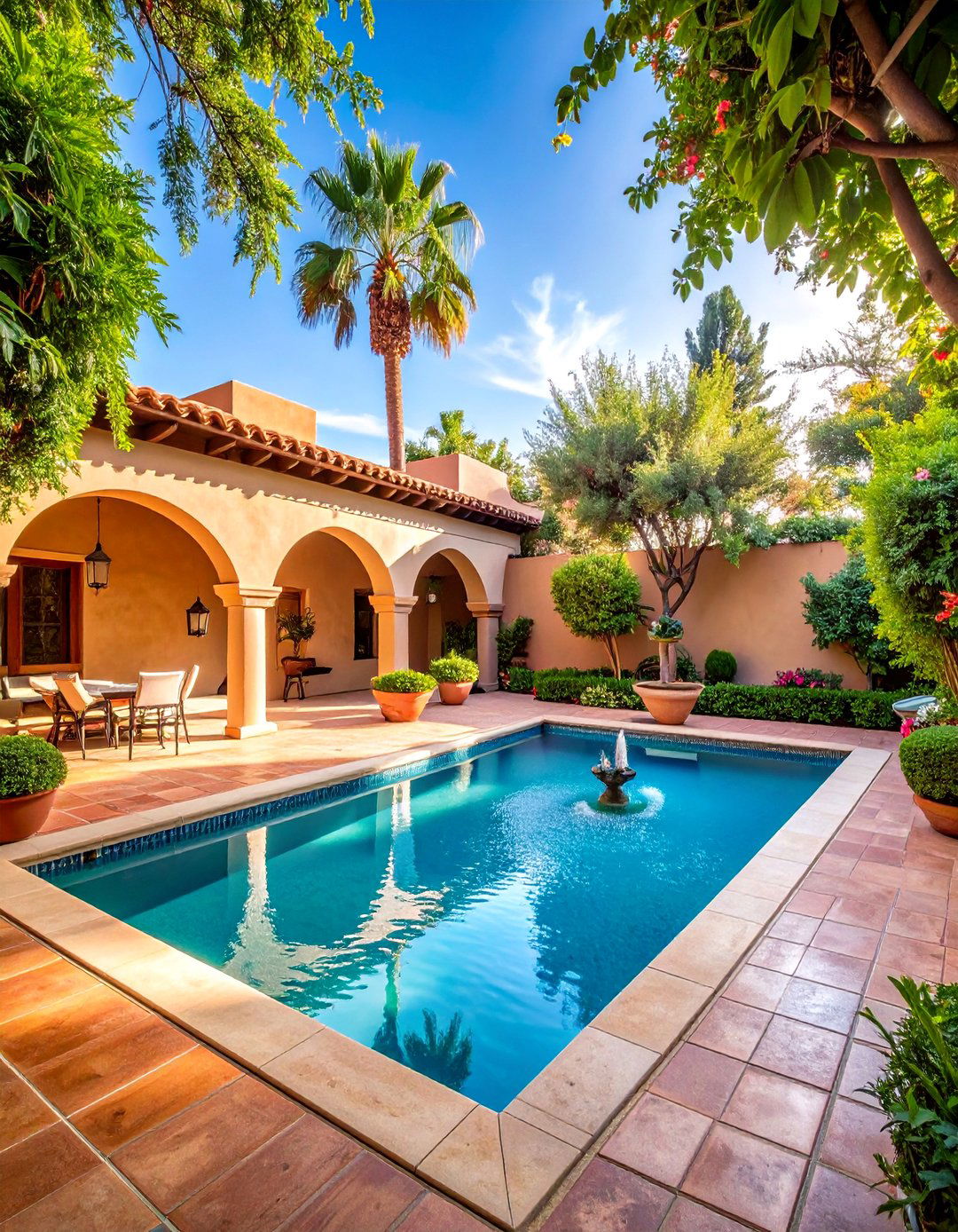 Mediterranean Pool Deck with Courtyard Privacy - 25 Pool Deck Ideas