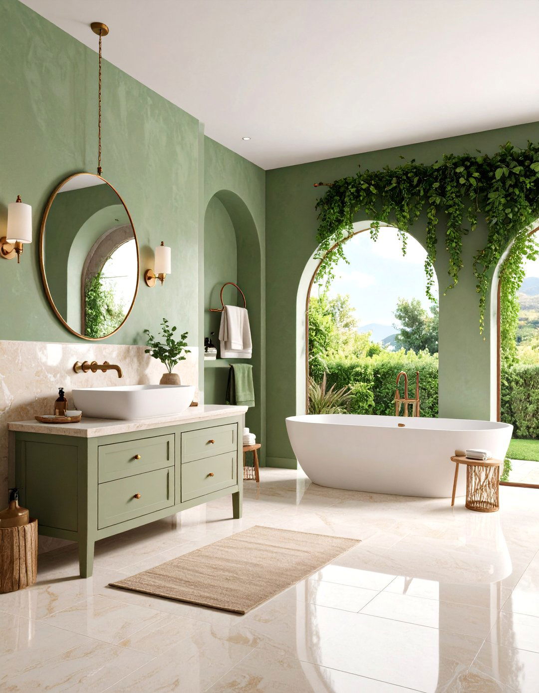 Mediterranean Sage Green Bathroom with Cream Travertine - 25 Sage Green and Cream Bathroom Ideas
