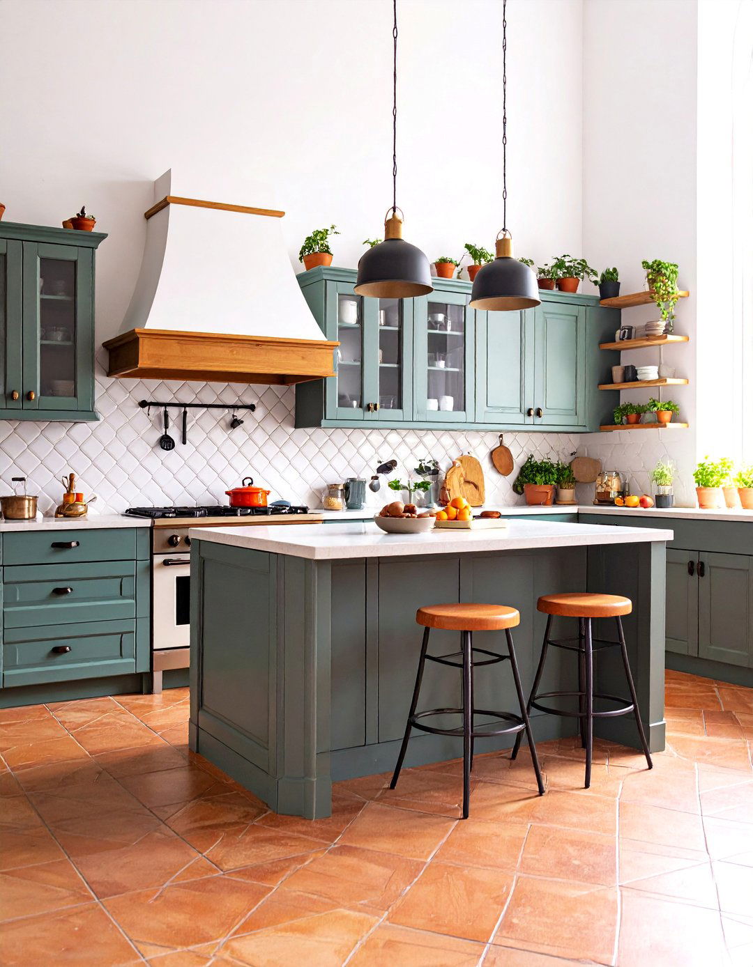 Mediterranean Sage Green Island with Terra Cotta Elements - 25 Sage Green Kitchen Island Ideas