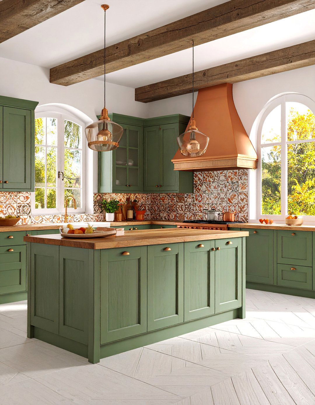 Mediterranean Sage Green Kitchen with Olive Wood Butcher Block - 25 Sage Green Kitchen Cabinets With Butcher Block Countertops