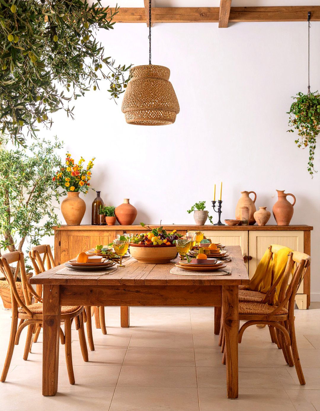 Mediterranean Sideboard with Terracotta and Olive Branches - 25 Sideboard Decor Ideas