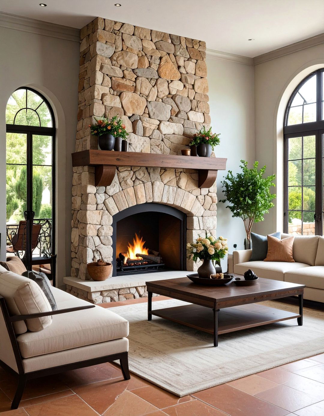 Mediterranean Stacked Stone Fireplace Design - 25 Floor to Ceiling Fireplace Ideas