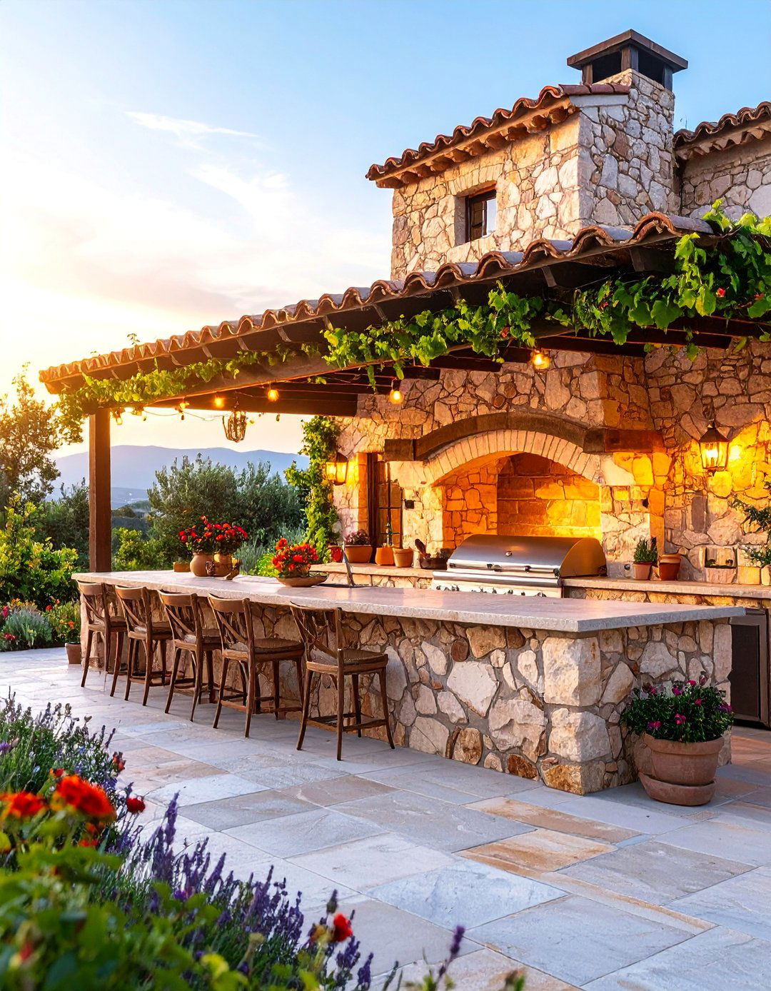 Mediterranean Stacked Stone Kitchen with Pergola - 25 L Shaped Outdoor Kitchen Ideas