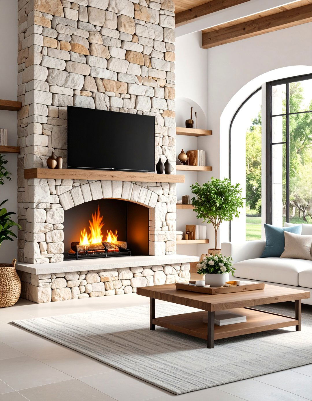 Mediterranean Stacked Stone Linear Fireplace with Arched TV Niche - 25 Linear Fireplace Ideas With Tv Above