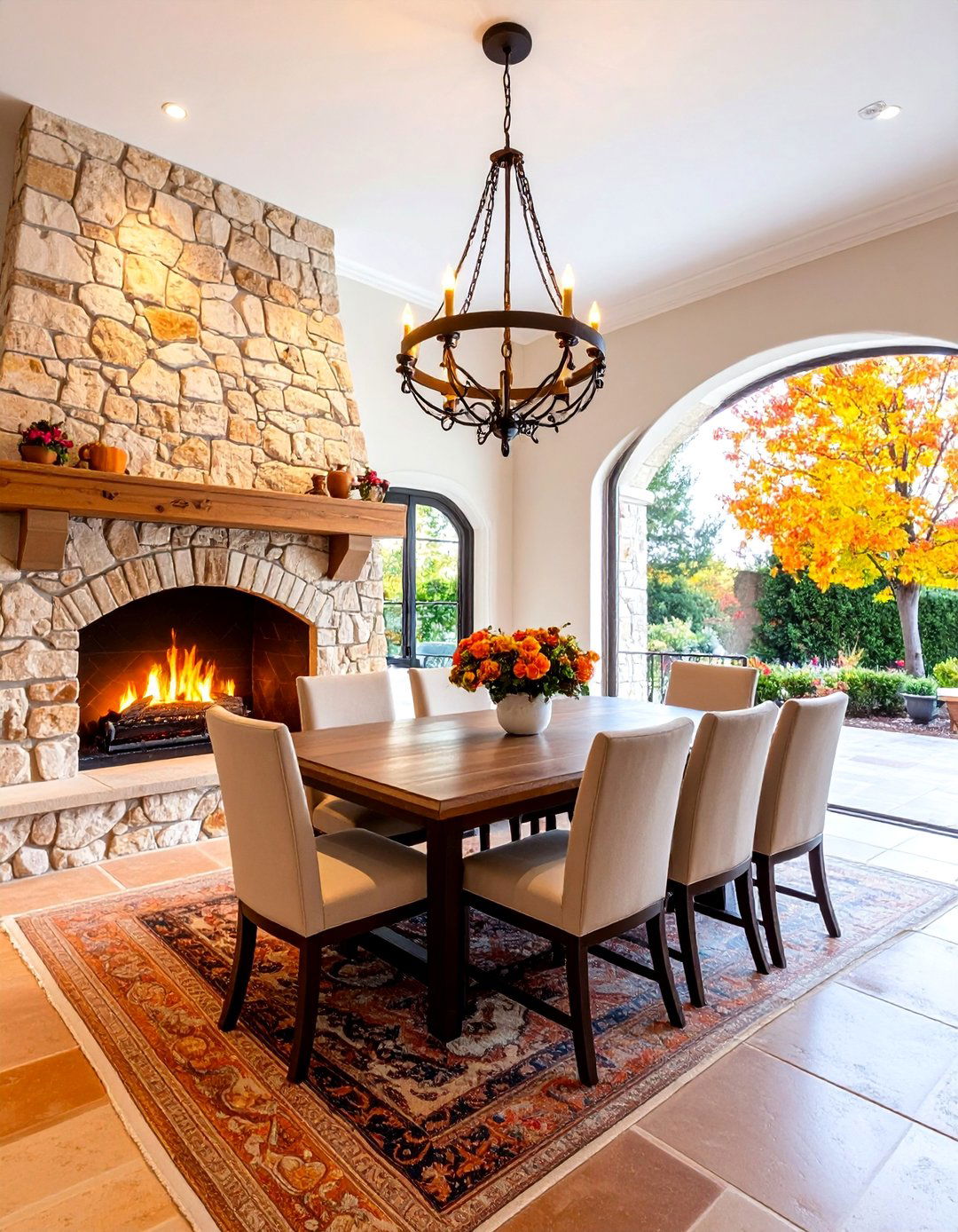 Mediterranean Stone Fireplace with Terracotta Elements - 25 Dining Room With Fireplace