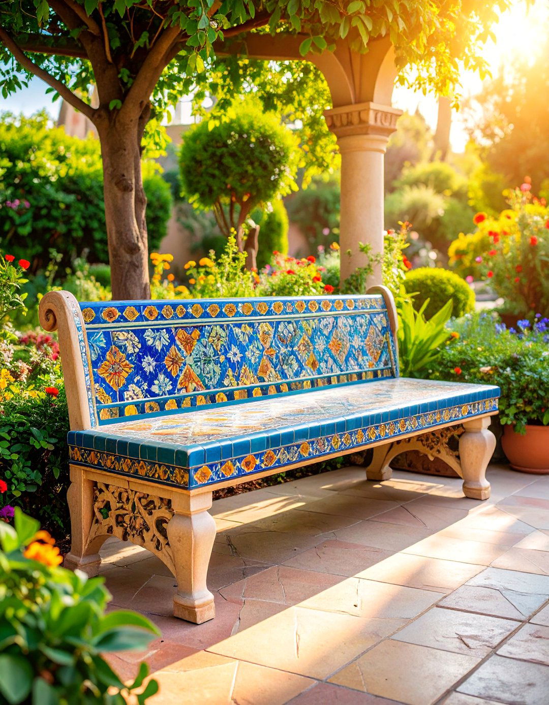 Mediterranean Stone Garden Bench with Mosaic Accents - 25 Garden Bench Ideas
