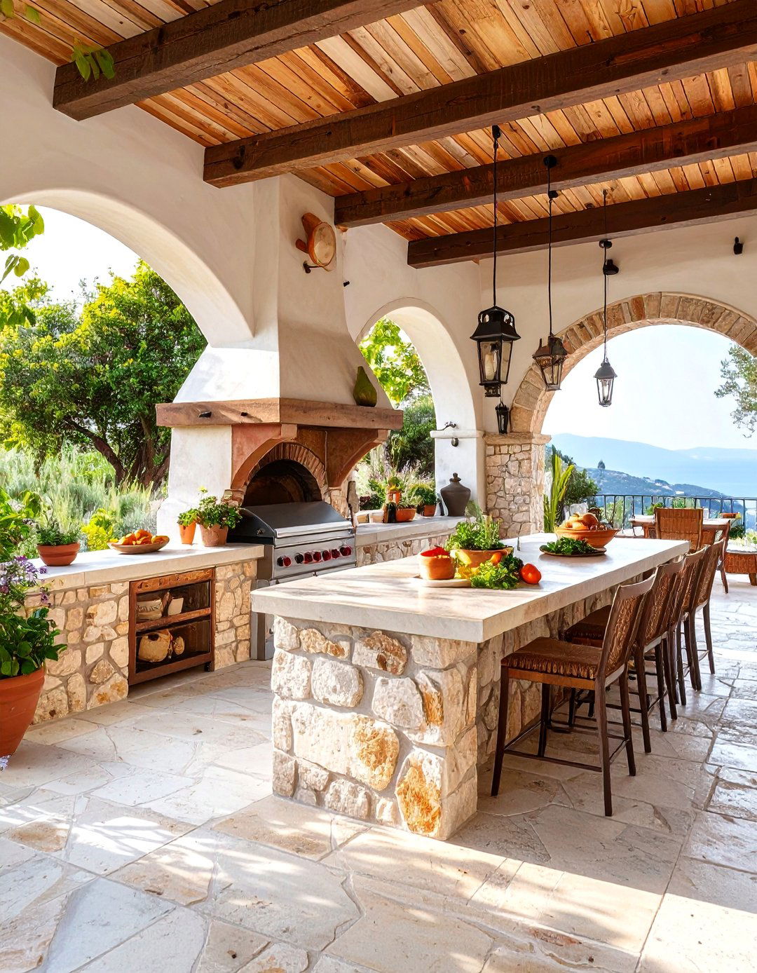 Mediterranean Stone Oasis with Wood Fired Pizza Oven - 25 Luxury Outdoor Kitchen Ideas