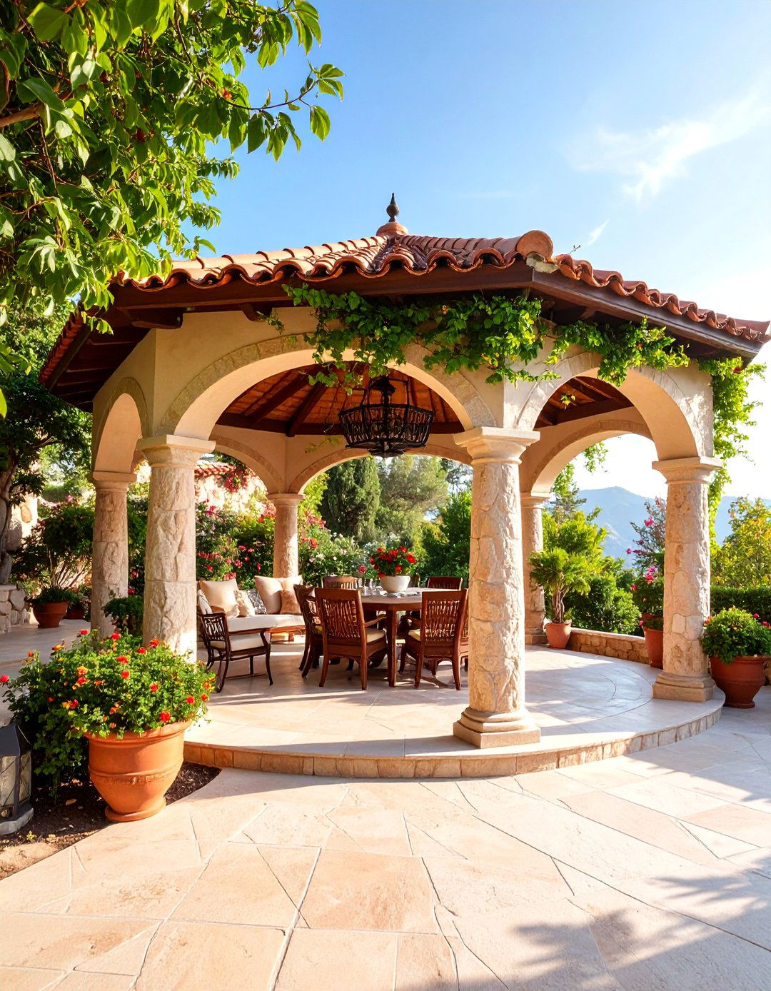 Mediterranean Stone Patio Gazebo with Terracotta Accents - 25 patio with a gazebo ideas