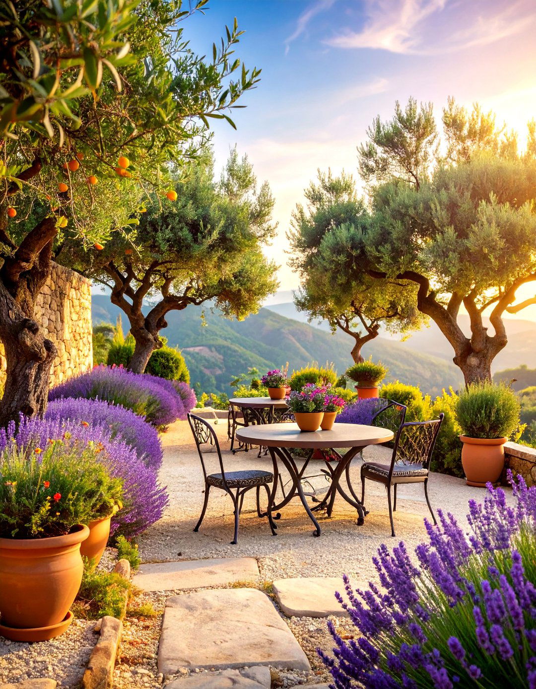 Mediterranean Stone Terrace with Olive Trees - 25 Hillside Terraced Garden Ideas
