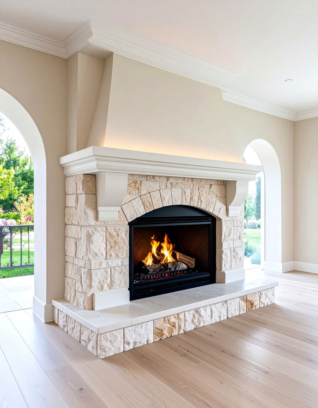 Mediterranean Stone Three Sided Fireplace with Arched Details - 25 3 Sided Fireplace Ideas
