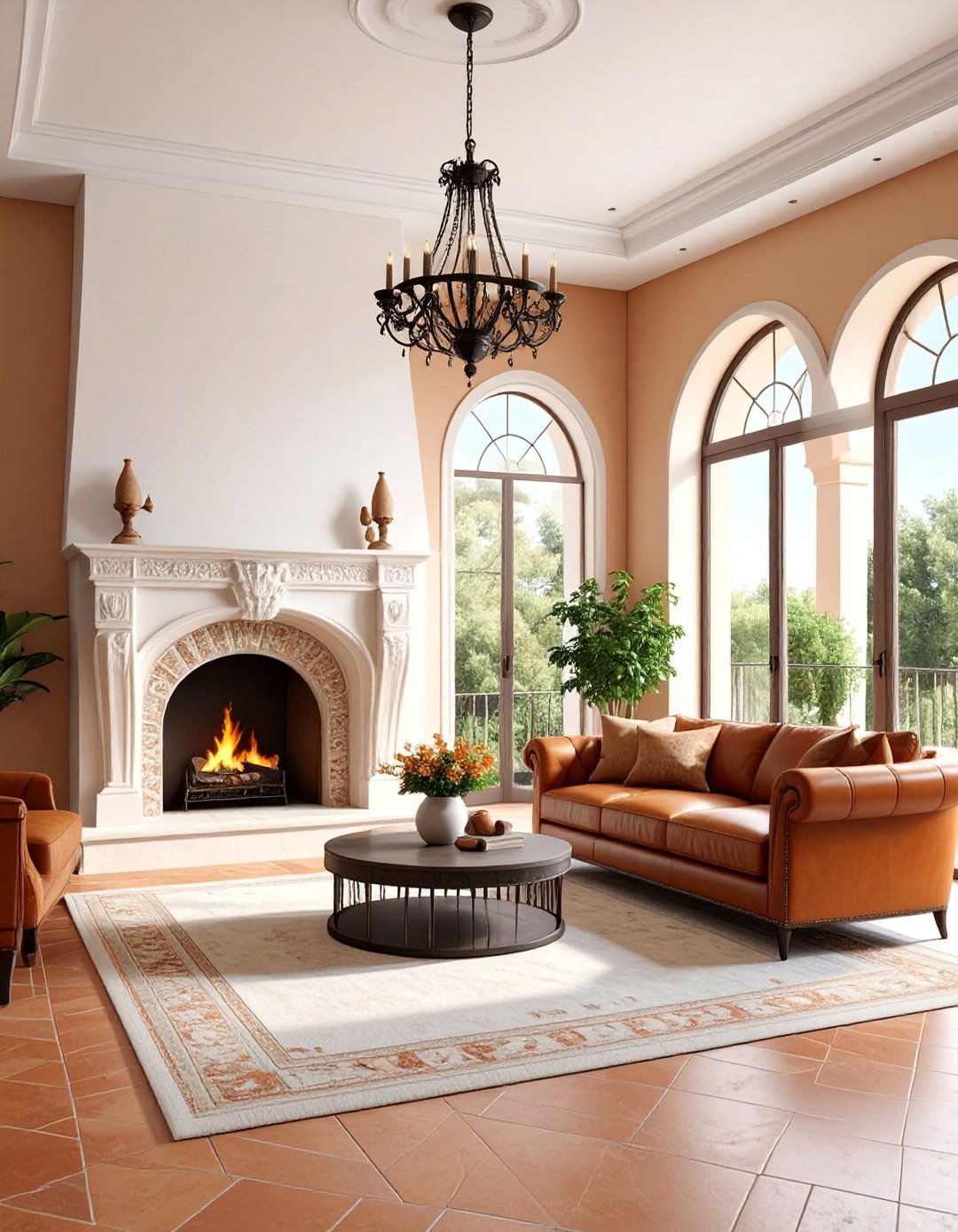Mediterranean Stucco Fireplace with Arched Windows - 25 Fireplace Between Windows Ideas