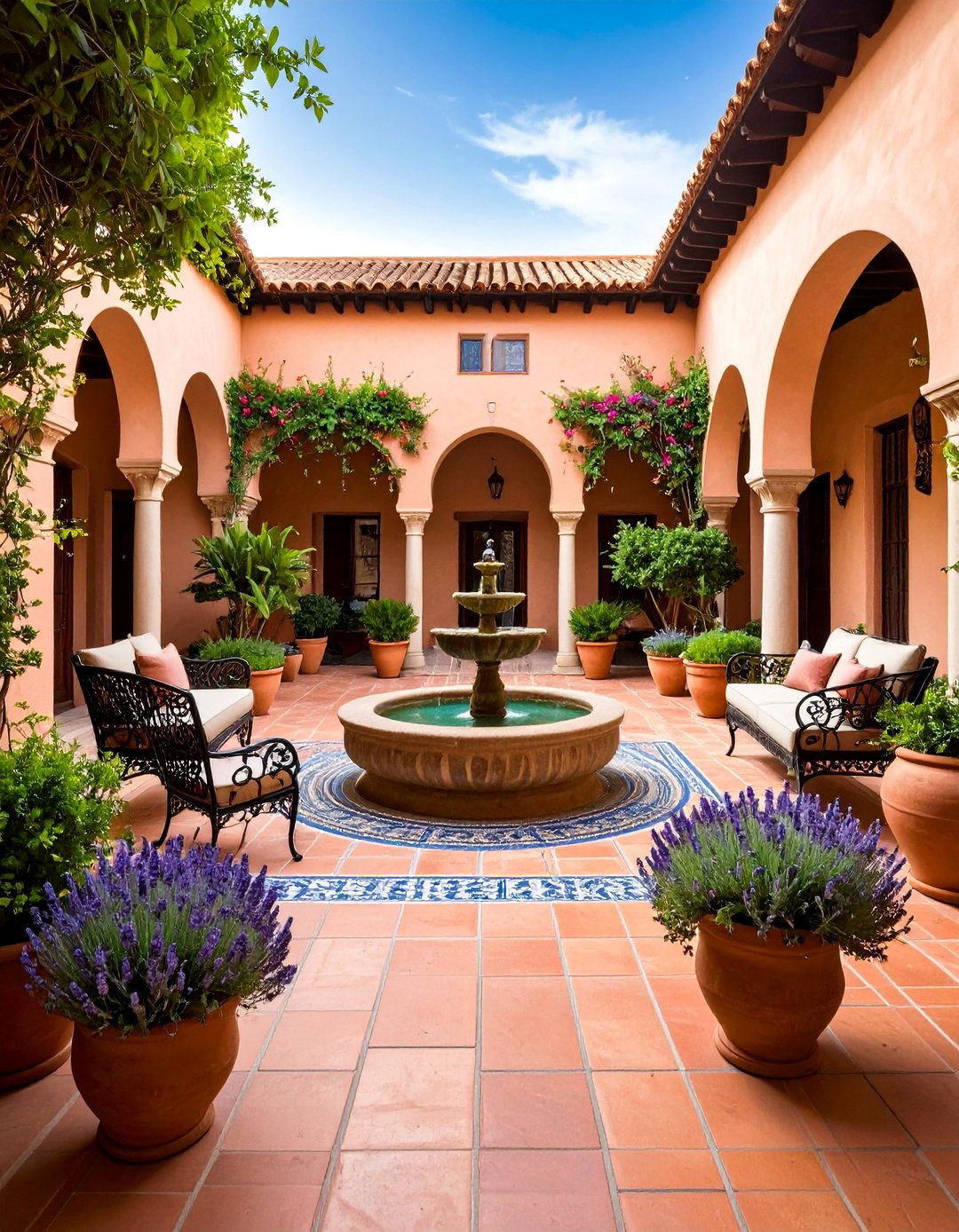 Mediterranean Style Courtyard with Terracotta Tiles - 25 Backyard Ideas